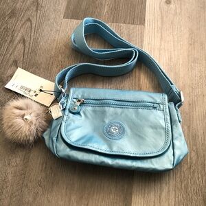 Kipling Sabian Aqua Tides Metallic Nylon Crossbody Bag + Monkey Key Chain NWT